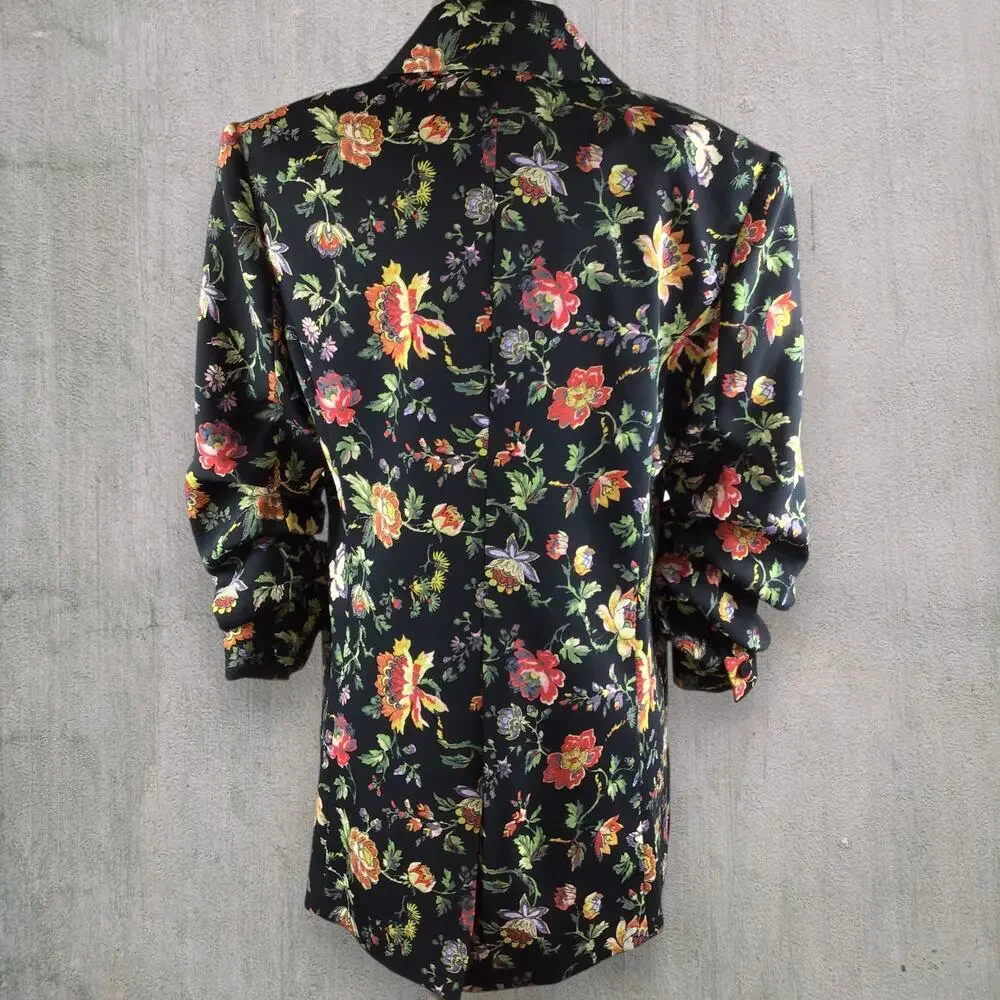 Cinq a Sept Kylie Floral Blazer Size 0 Ruched 3/4 Sleeve Single Button Crepe